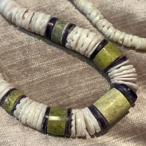 Beach Shell White and Green Beaded Necklace 16-19”